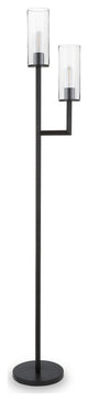 69" Black Two Light Torchiere Floor Lamp With Clear Transparent Glass Drum Shade