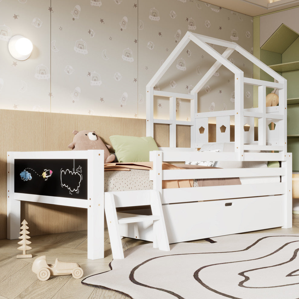 Gewnee Twin Size House Bed with Ladder and Storage Drawers for Kid Bedroom