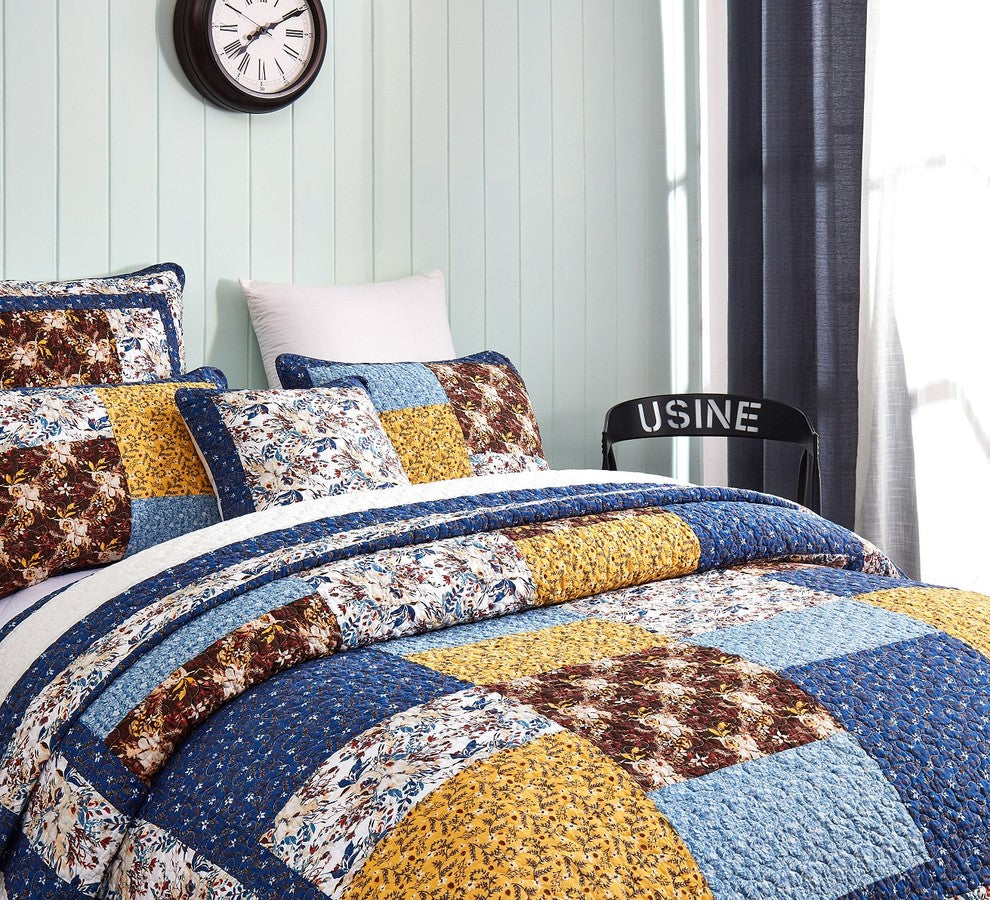 Tache Prairie Sunset Floral Farmhouse Cotton Patchwork Reversible Quilt Set, Cal