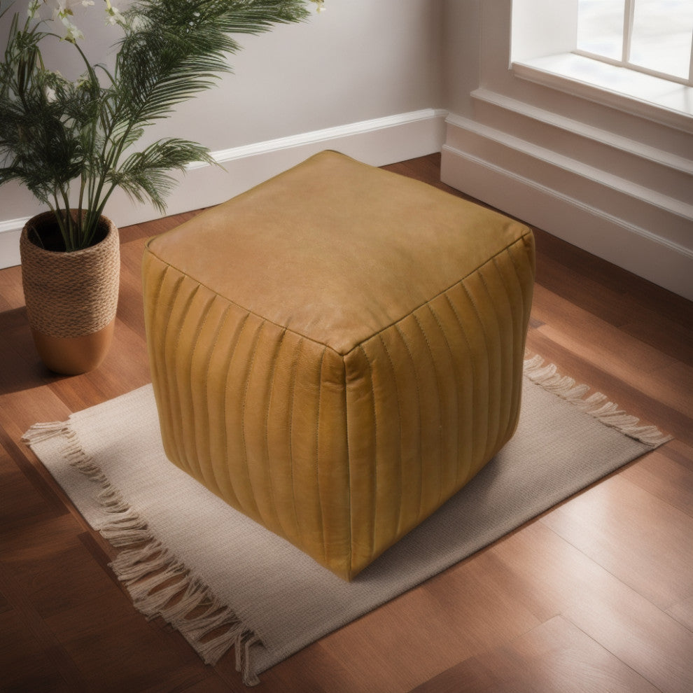 Poufs-Solid Handmade Goat Leather Pouf, Recycled Cotton Fill, Beige, 14x14x14 Square.