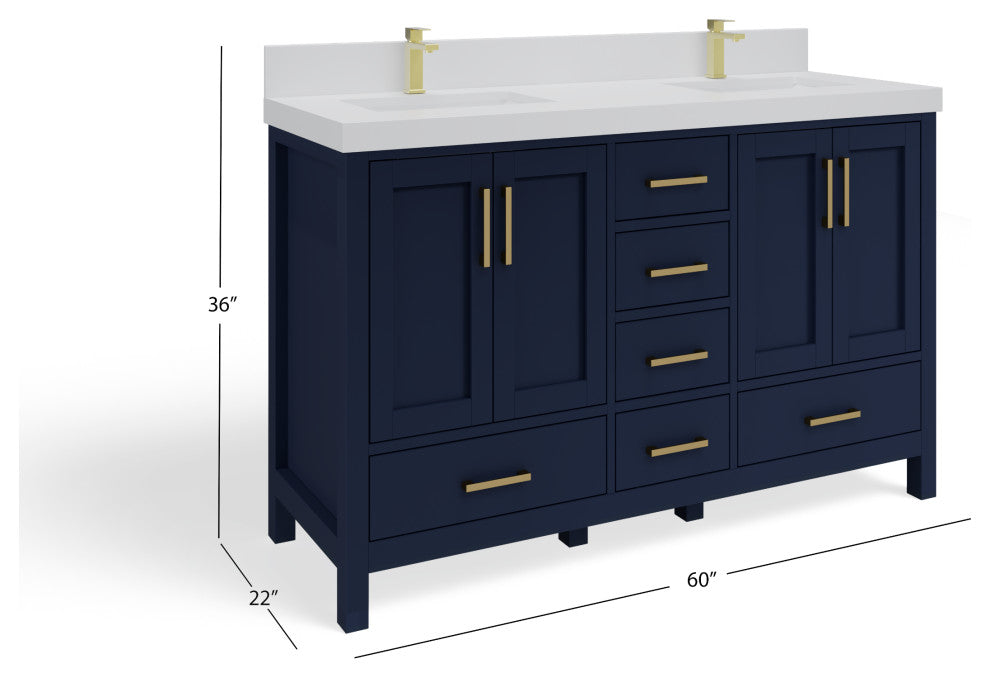 Preston Bath Vanity, Blue, 60", White Quartz Top, Double, Freestanding