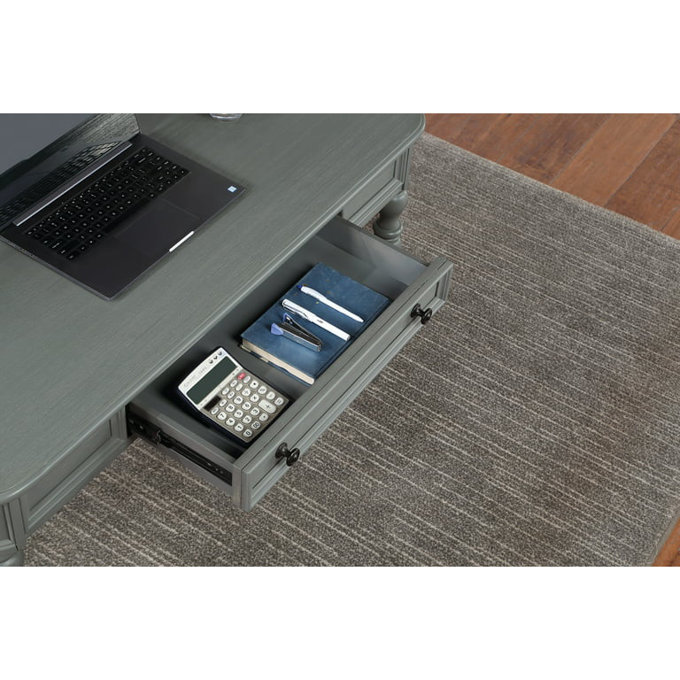 Traditional Desk, Turned Legs & Large Drawer With Framed Accent, Plantation Gray