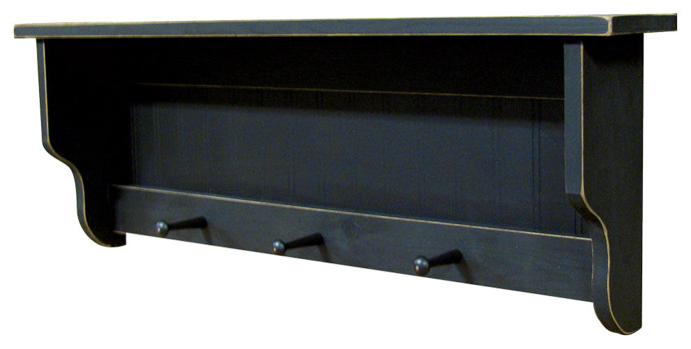 Pine Shelf With Pegs, Old Black