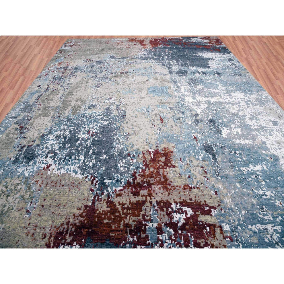Blue Hand Knotted, Densely Woven Wool, Oversized Oriental Rug, 12'0"x15'2"