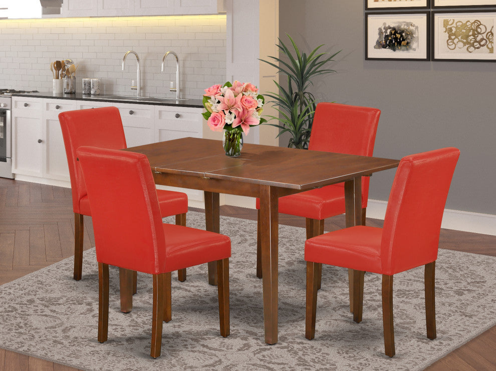 5Pc 48/60" Kitchen Table, 4 Chair, Pu Leather Color Firebrick Red
