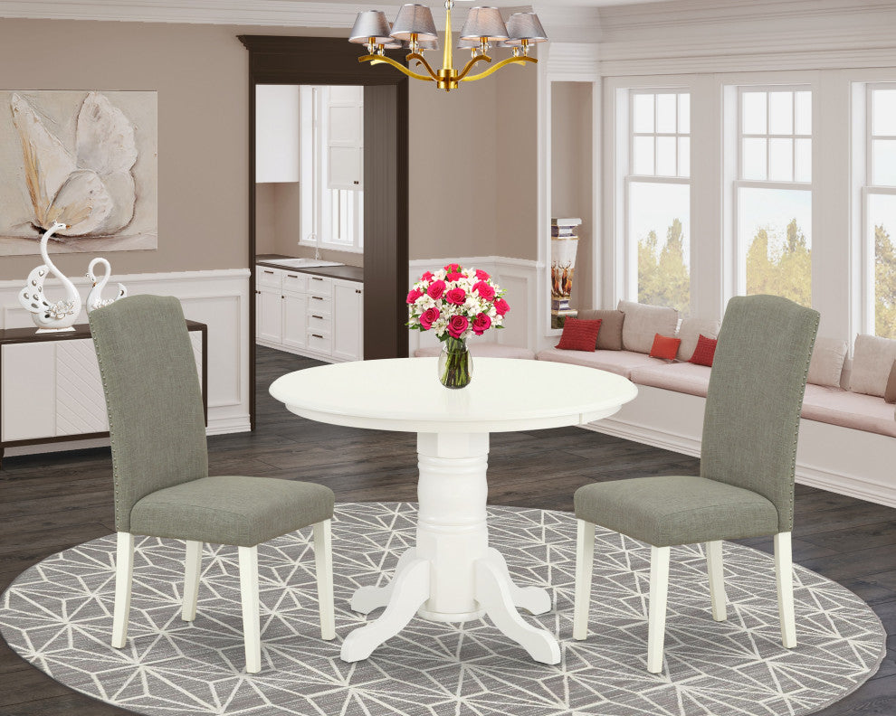 3Pc Round 42" Dinette Table, Pair Of Parson Chair, Linen White Leg, Dark Shitake