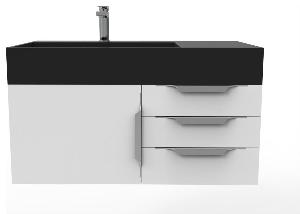 CastelloUSA Amazon 36" Wall Mount Vanity Set, White, Black Top, Chrome Handles