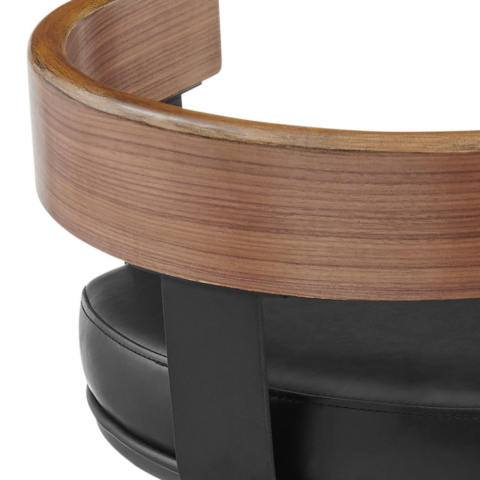 Idris Swivel Stool, Black/Walnut Finish & Black Faux Leather, Bar, 30"