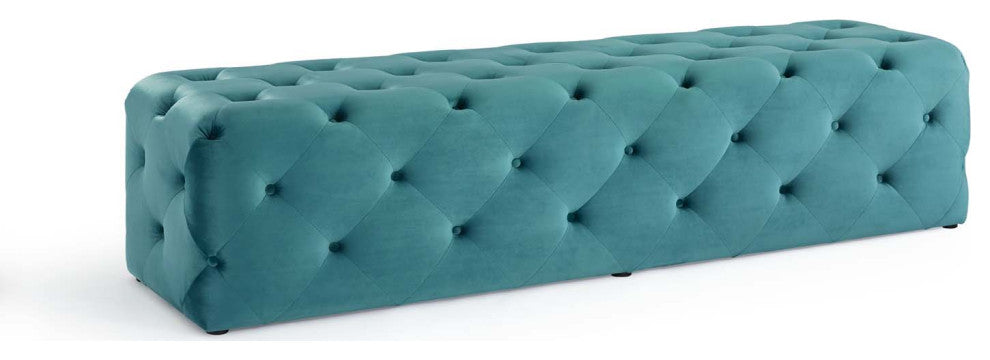 Tufted Accent Chair Bench, Velvet, Blue, Modern, Living Lounge Hotel Hospitality