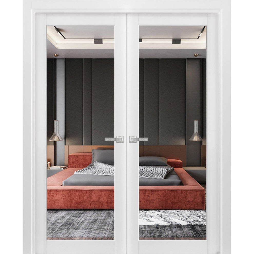 Interior French Double Doors|Lucia 1299 White Silk with Mirror -72x80