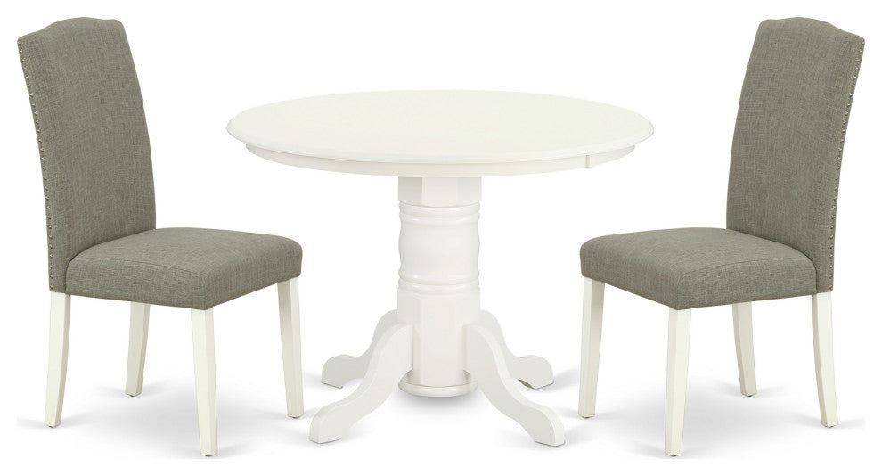 3Pc Round 42" Dinette Table, Pair Of Parson Chair, Linen White Leg, Dark Shitake