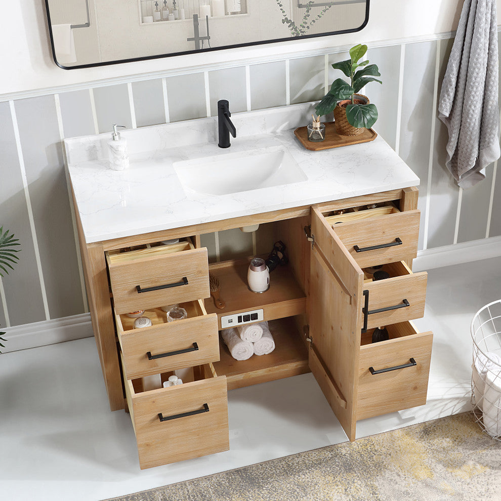 San Bath Vanity with Stone Top, Fir Wood Brown, 48", Single Vanity, No Mirror