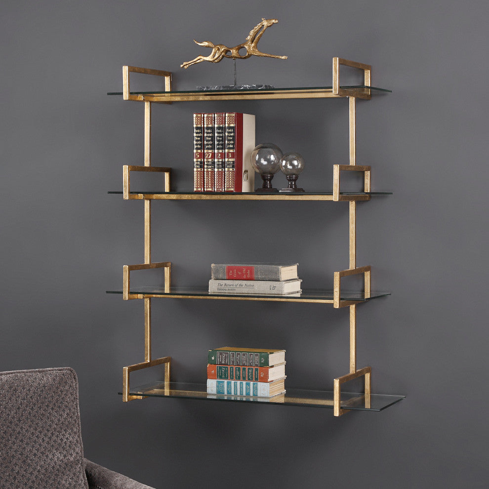 Uttermost Auley Contemporary Iron and Tempered Glass Wall Shelf in Gold
