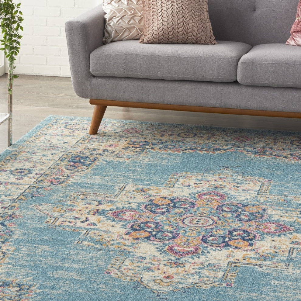 7' X 10' Blue and Ivory Medallion Power Loom Distressed Area Rug