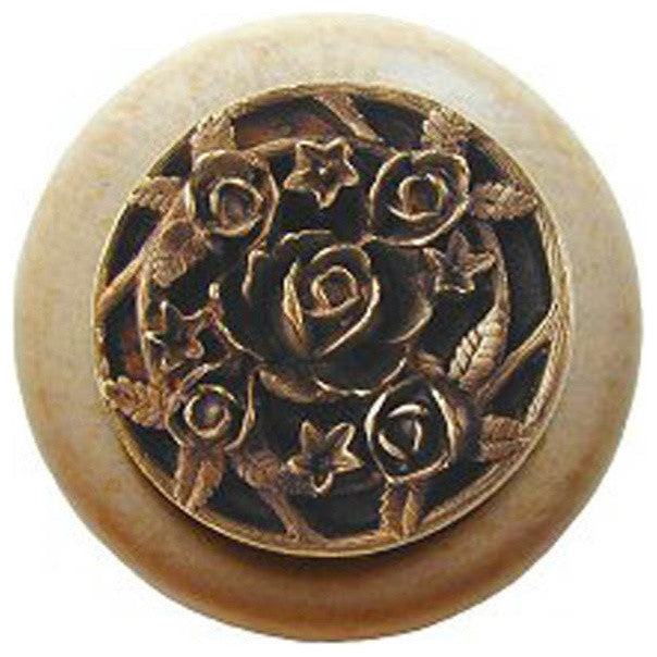 Saratoga Rose Natural Wood Knob, Unfinished With Antique-Style Brass
