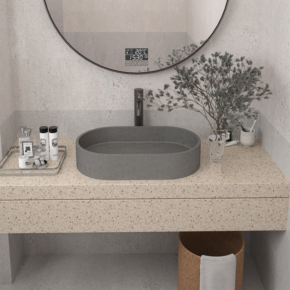 23in Bathroom Concrete Oval Vessel Sink with Drainer, Mottled Bluish Grey