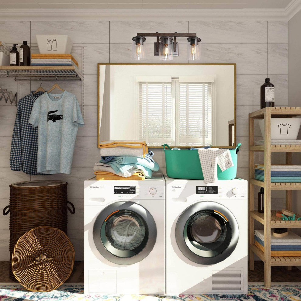 LALUZ 3-Light Black and Wood Gray Industrial Bathroom Vanity Lights