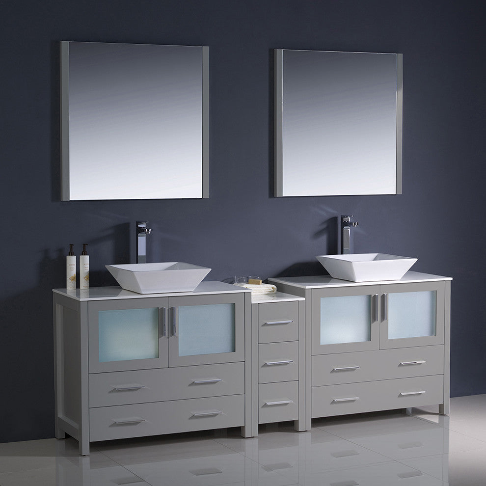 84" Gray Modern Double Sink Bathroom Vanity With Side Cabinet, Faucet, FFT1044CH