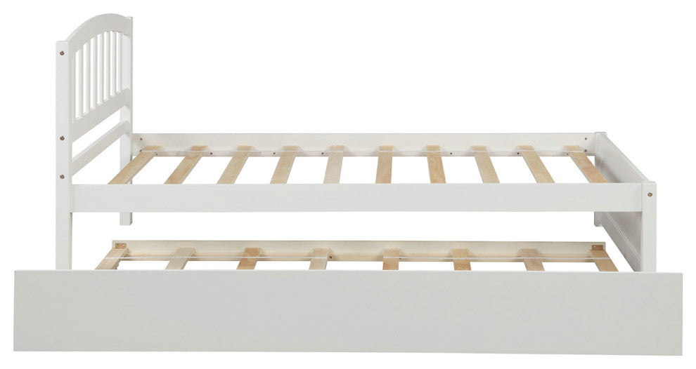 TATEUS Twin Platform Bed With Trundle, Wood Bed Frame With Headboard, White