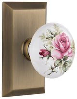 Single Studio Plate With Rose Porcelain Knob, Antique Brass