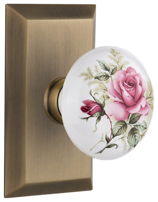 Single Studio Plate With Rose Porcelain Knob, Antique Brass