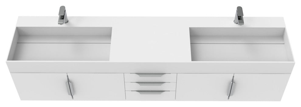 CastelloUSA Amazon 84" Wall Mounted Bathroom Vanity Set, White, White Top, Chrome Handles