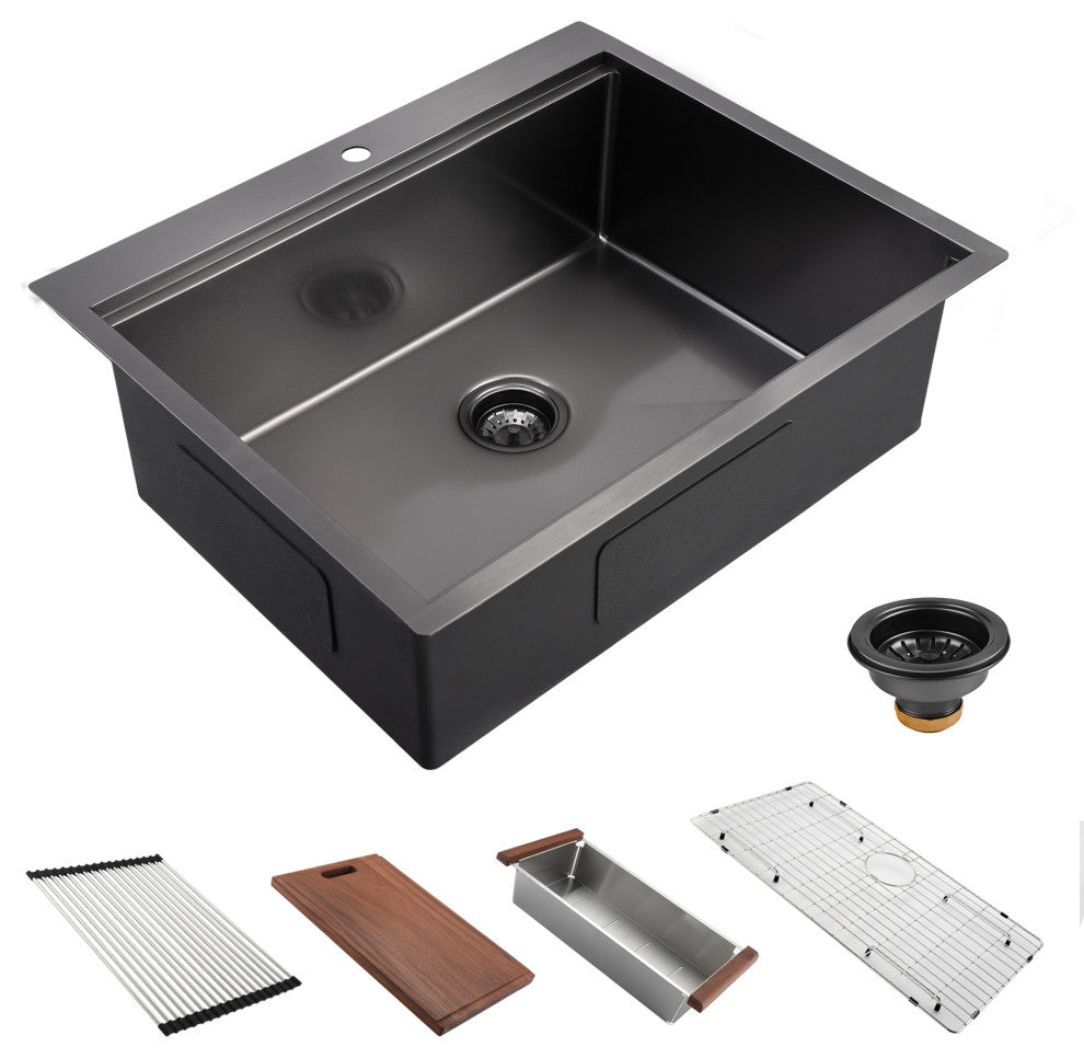 Drop In Stainless Steel Single Bowl Workstation Kitchen Sink, Gunmetal Black, 27 X 22