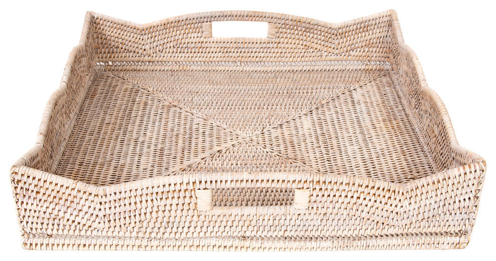 Artifacts Rattan™ Scallop Collection Square Tray With Cutout Handles, White Wash, 20"x20"x4.5"
