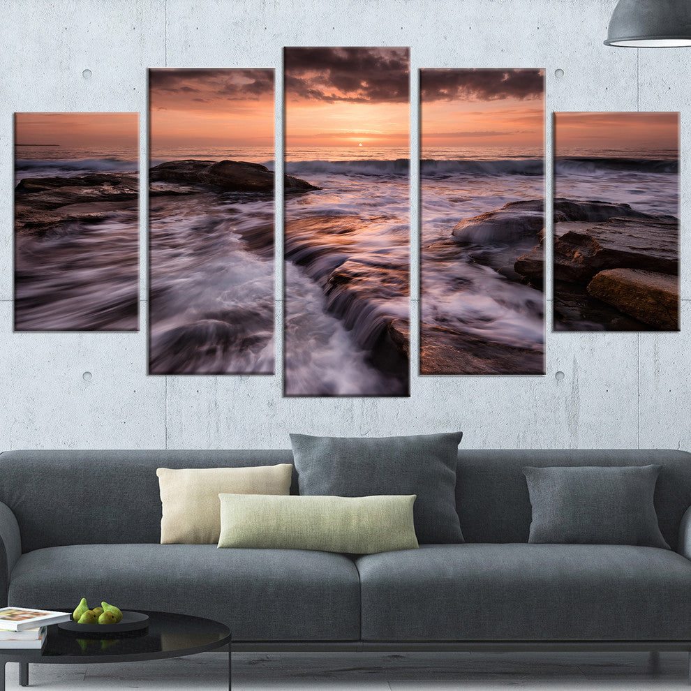 "Exotic Flow of Waters Over Rocks" Seascape Wall Art, 5 Panels, 60"x32"