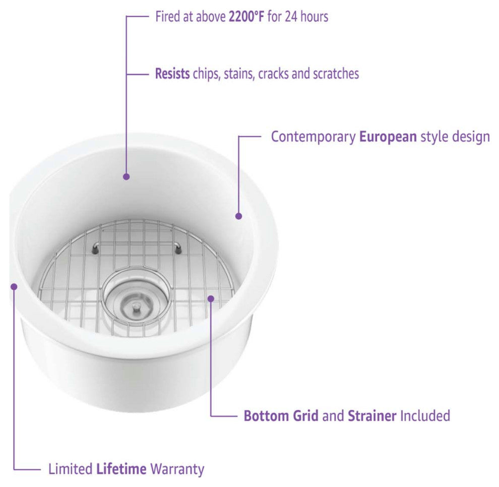 White Fireclay Farmhouse Undermount Kitchen Sink, Bottom Grid and Strain, 19"