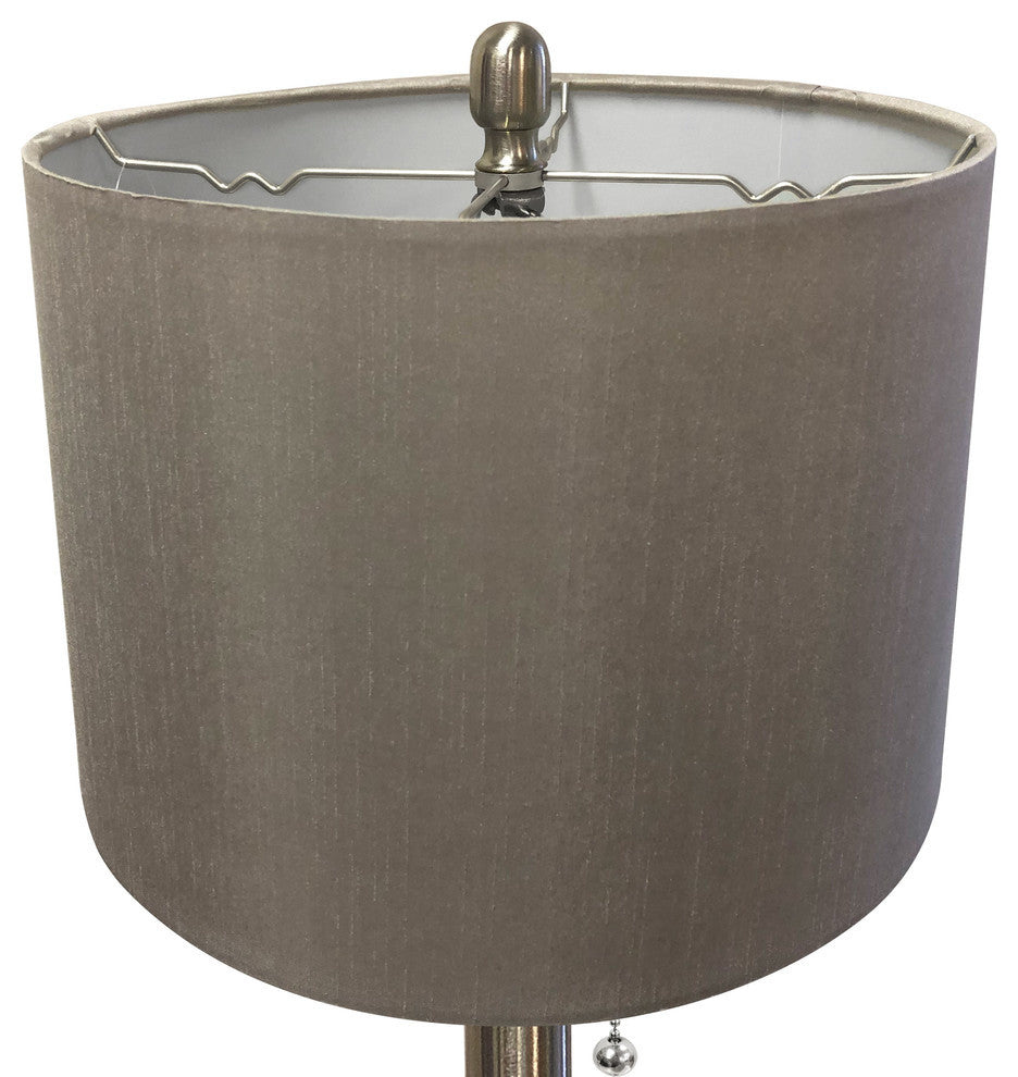 Brush Nickel Lamp with Crystal Ball Accents and Gray Shallow Drum Shade