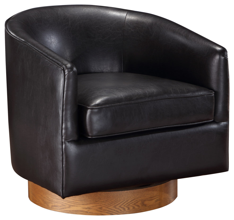 Irving Faux Leather Wood Base Barrel Swivel Chair, Dark Brown