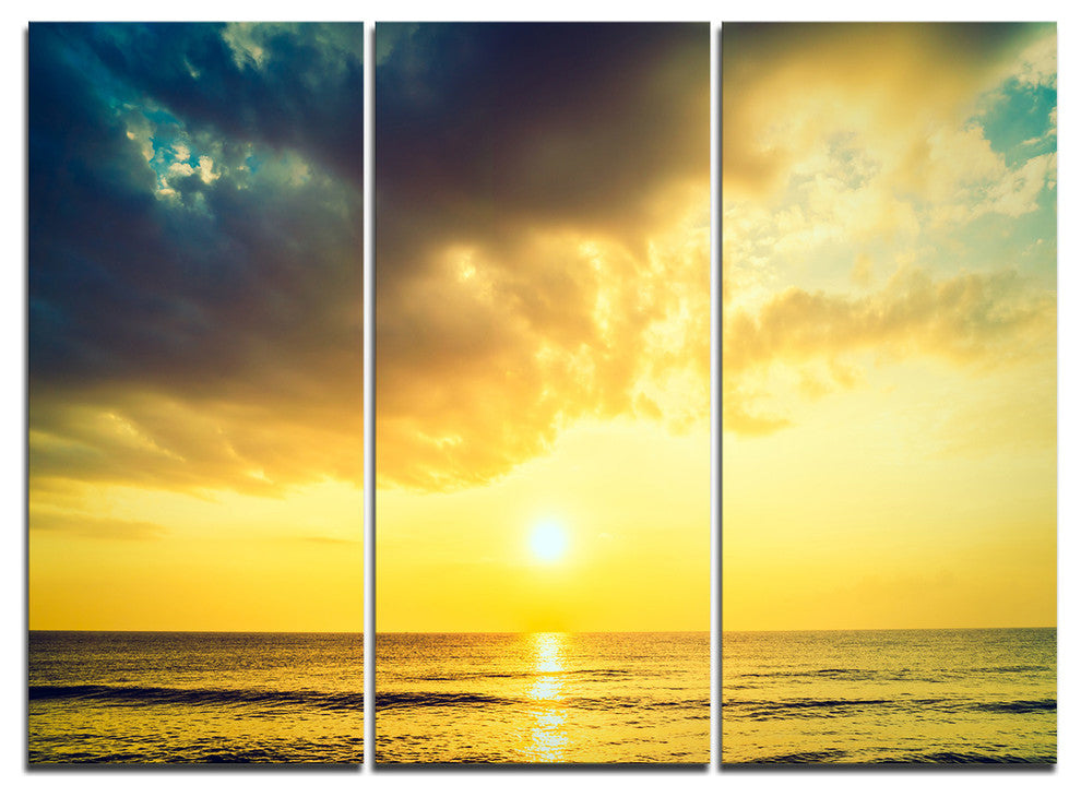 "Yellowish Sky Over Serene Seashore" Metal Wall Art, 3 Panels, 36"x28"