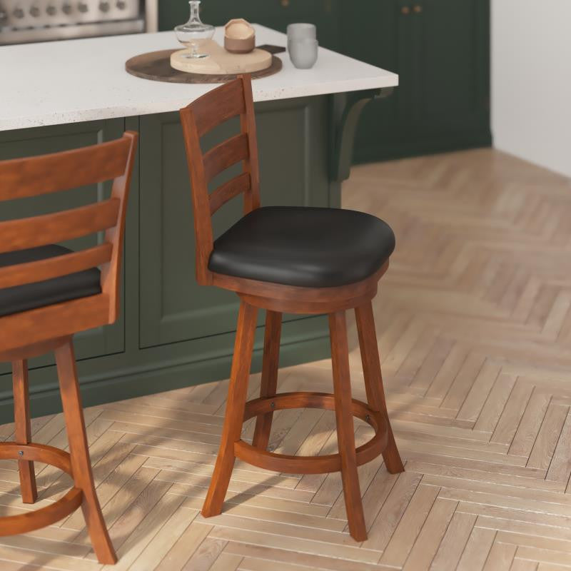Zerrick Ladderback Swivel Counter Height Barstool with Padded Seat, Black Vinyl/Antique Oak Frame