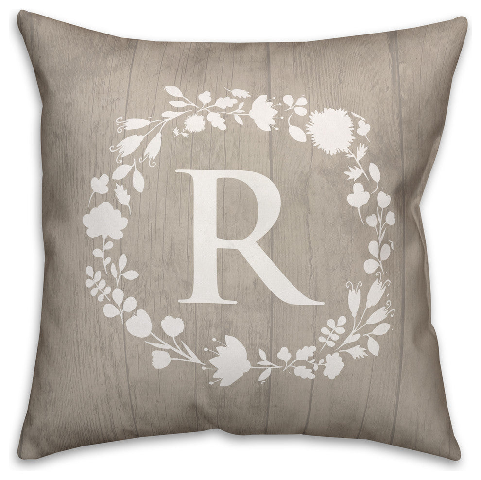 R Rustic Wreath Monogram Spun Poly Pillow, 18x18