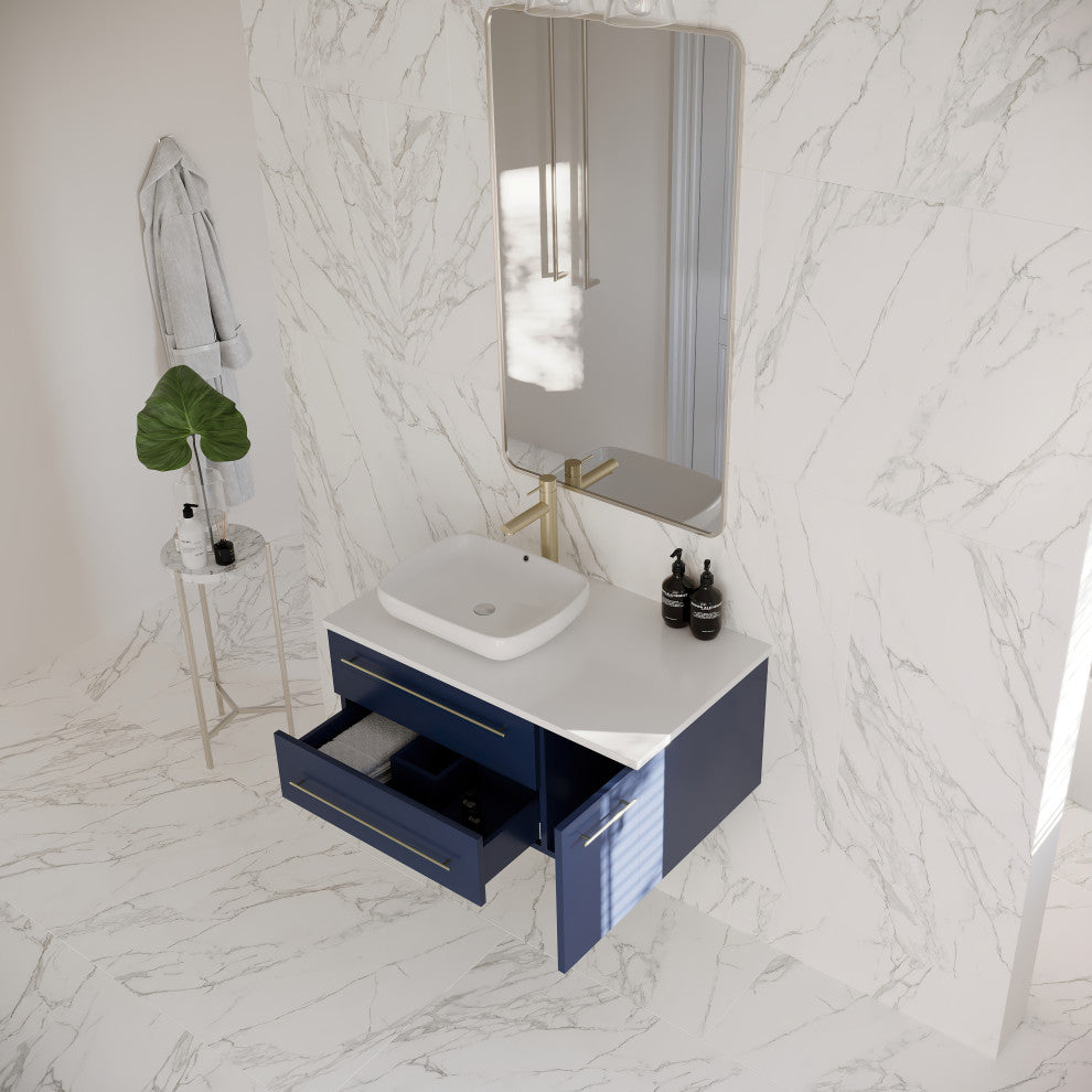 Lucera 36" Modern Royal Blue Wall Hung Cabinet, Vessel Sink, Left Version