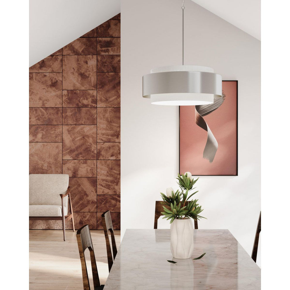 Silva Collection Three-Light Brushed Nickel White Linen Shade Pendant