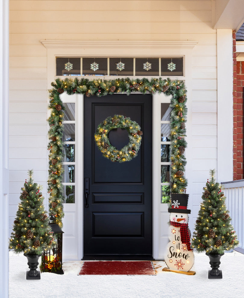 24"D Pre-Lit Christmas Wreath, 2-Pack 9' Garland & 2-Pack Flocked Christmas Tree