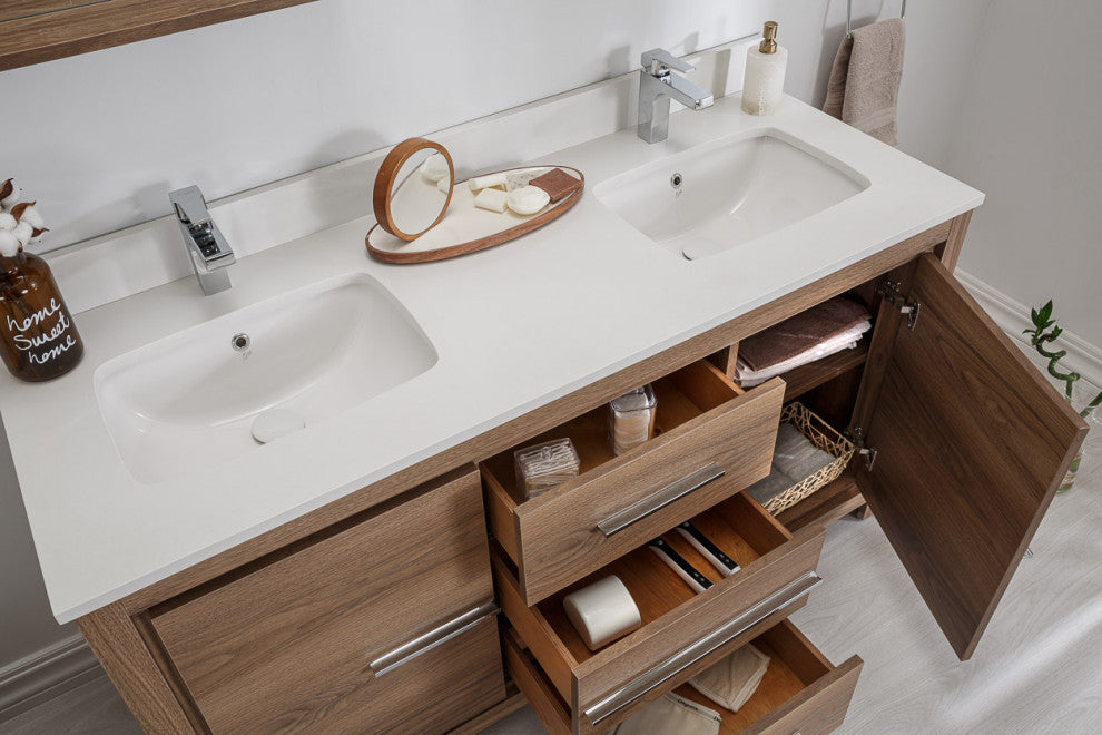 Mila Collection 60" Bathroom Vanity With Sink, Mirror, Countertop, Walnut Brown