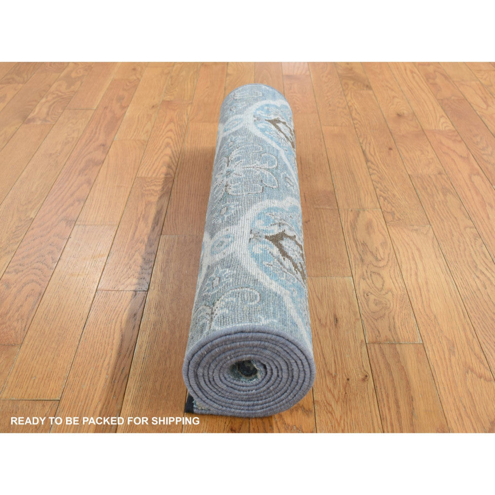 Gray Mughal Inspired Rosette Silk With Wool Hand Knotted Runner Rug 2'7"x9'10"