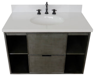 37" Single Wall Mount Vanity, Linen Gray Finish With White Engineered Stone Top