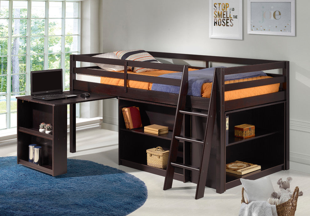 Roxy Junior Loft Bed With Storage Drawers, Bookshelf and Desk, Espresso
