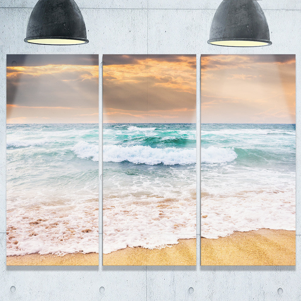 "Blue Sea Waves Kissing Sandy Beach" Metal Wall Art, 3 Panels, 36"x28"