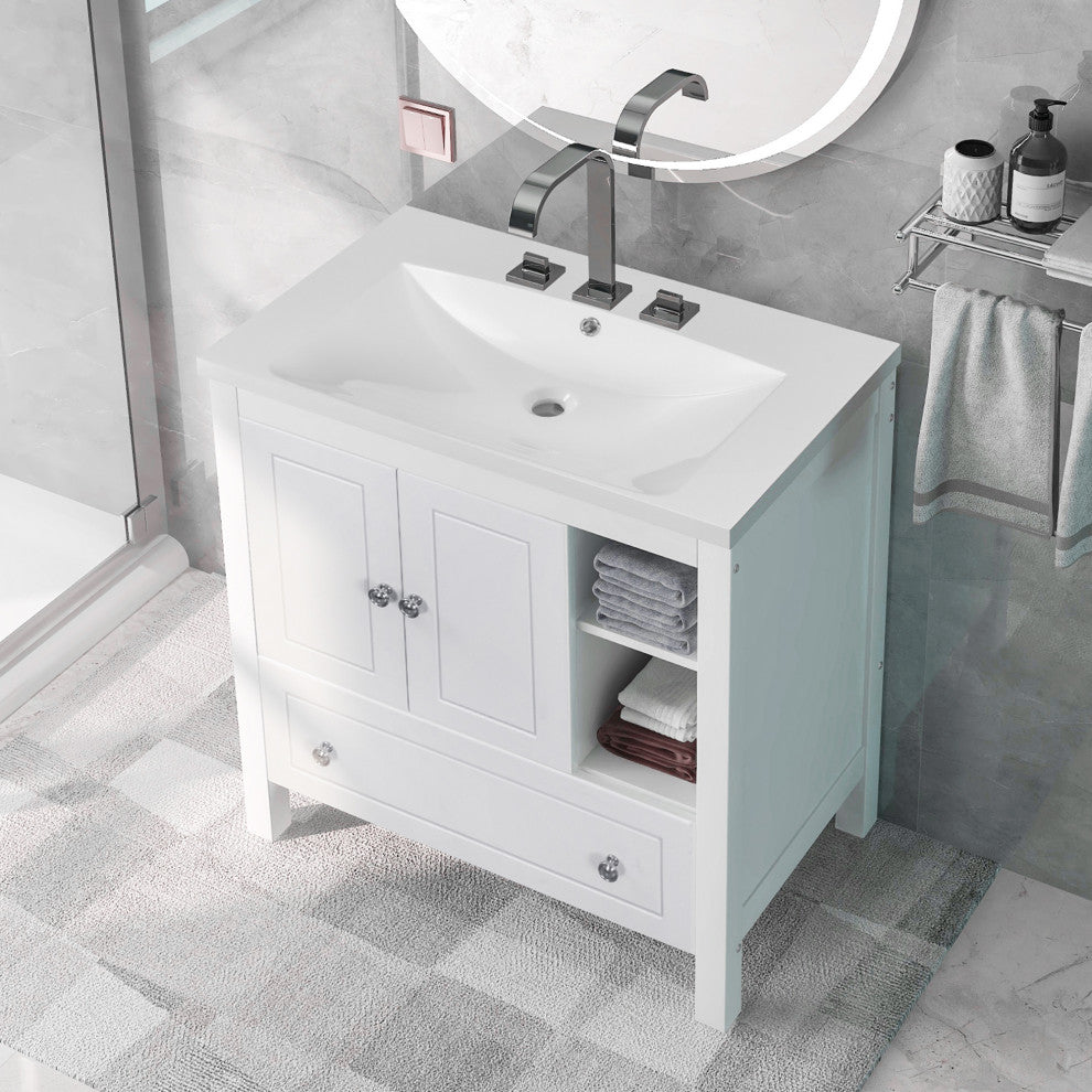 30" W x 18., D. x 32" H Bath Vanity, White Ceramic Top, White