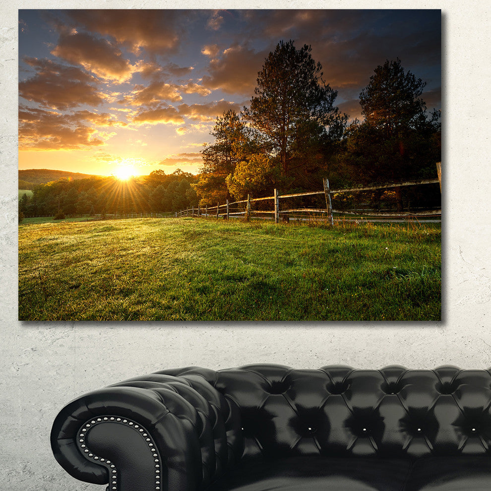 Fenced Ranch at Sunrise, Landscape Canvas Art Print, 40"x30"