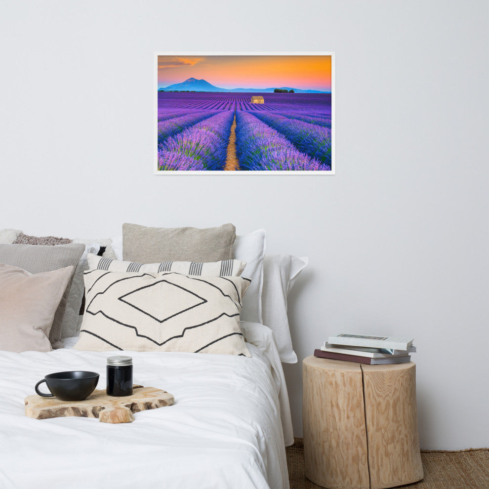 Blooming Lavender Field and Sunset Floral Landscape Framed Photo Wall Art Prints, White, 24" X 36"