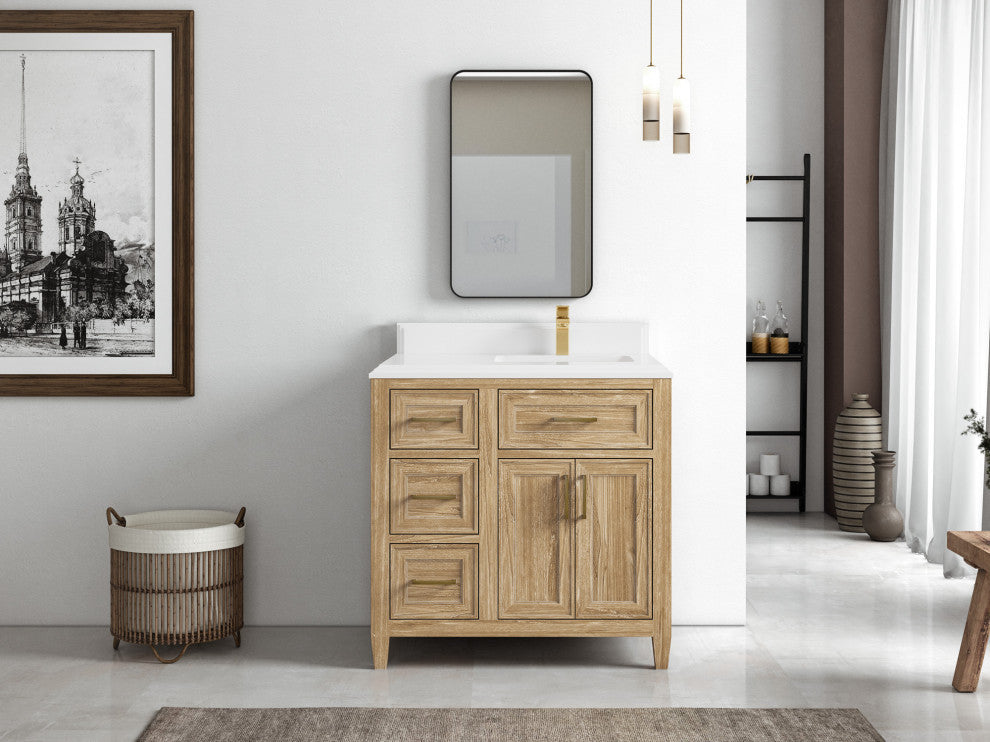 Santa Monica 36 Right Offset  Bath Vanity in Whitewashed Teak 1.5" White Quartz