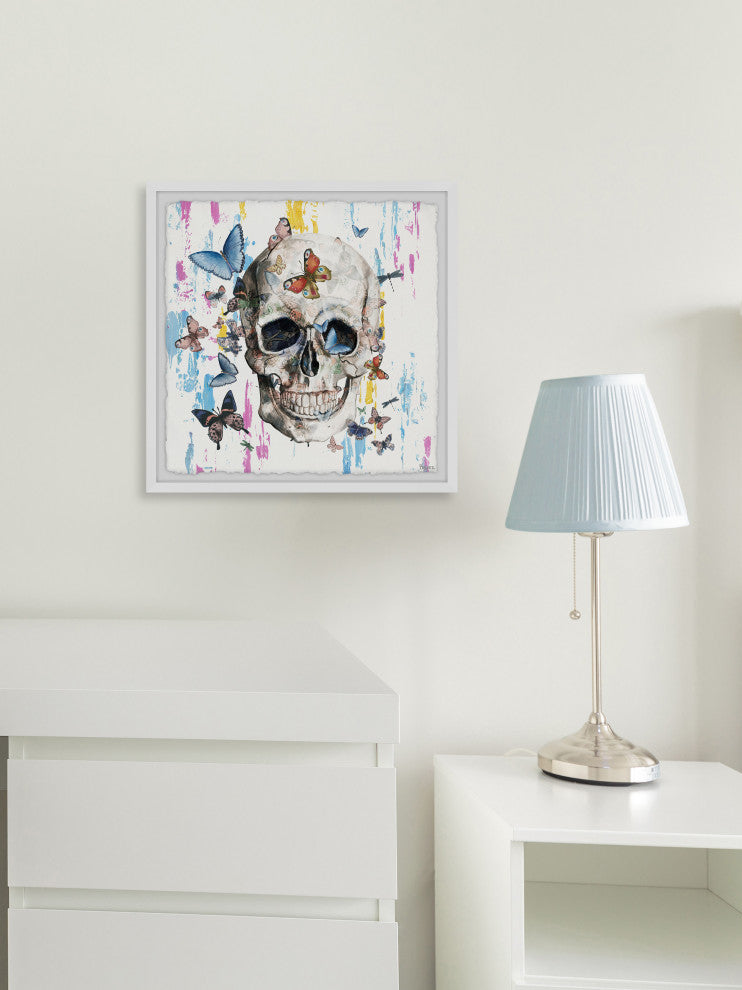 "Colorful Happy Butterfly Skull" Framed Painting Print, 18"x18"
