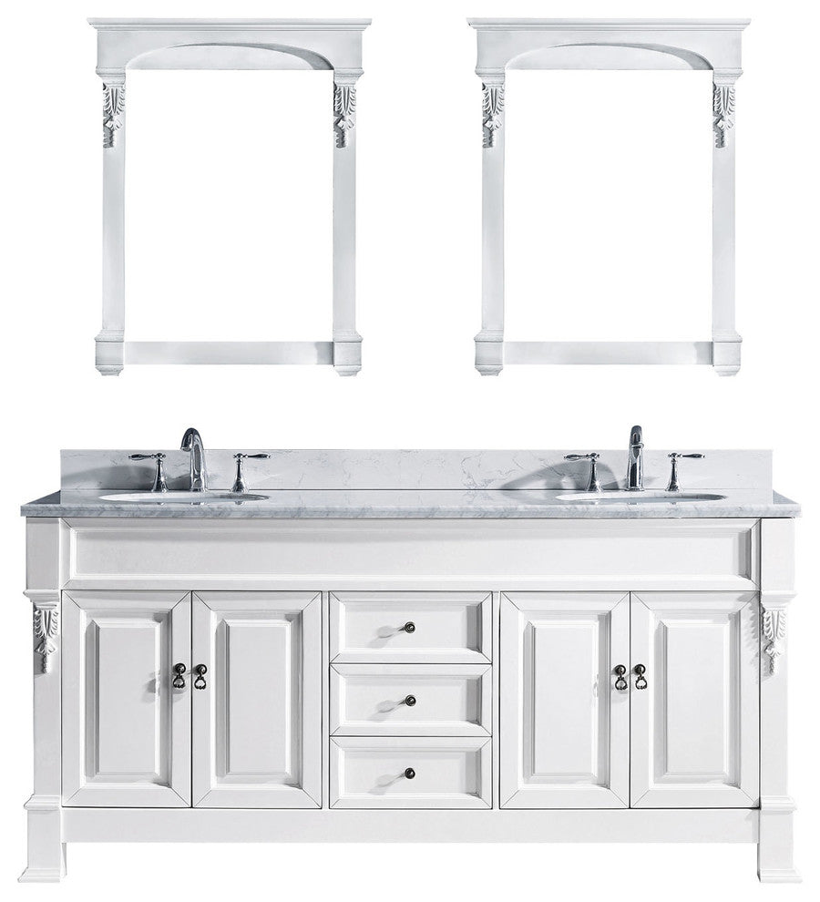 Virtu Huntshire 72" Double Bathroom Vanity, White With Marble Top, Mirrors
