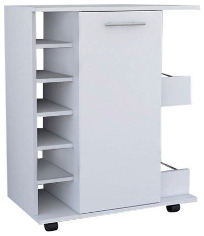 Newport Bar Cart with Casters, 6 Built-in Wine Racks, Single-Door Cabinet, White